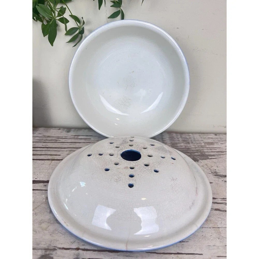 Antique Rare Blue Ceramic Berry Bowl W/ Colindar / Cherry Bowl 8” Cottage Home